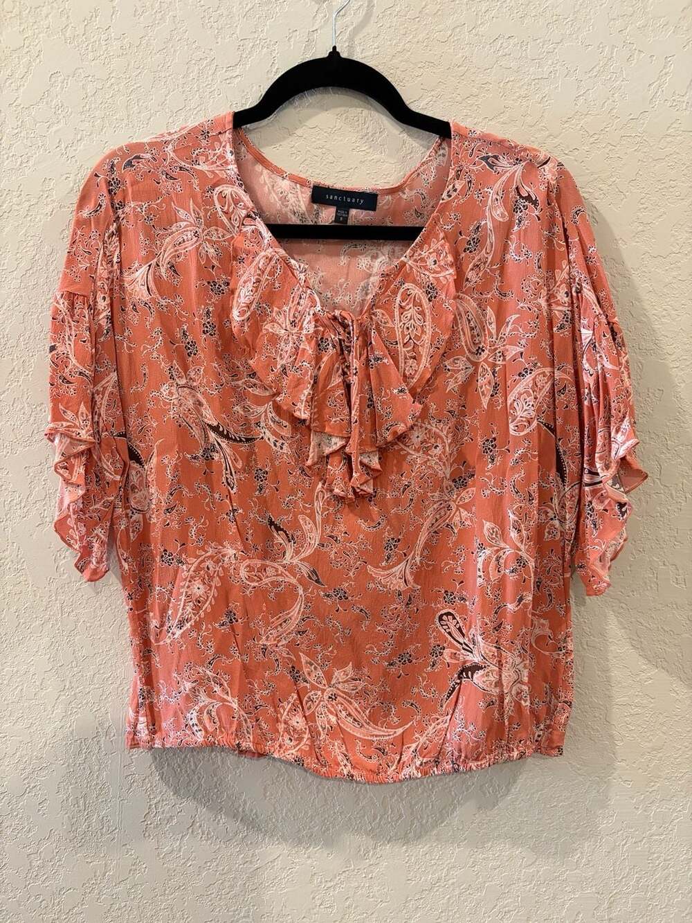 Sanctuary Women's Peach Paisley Print Ruffled V-Neck Blouse with Tie